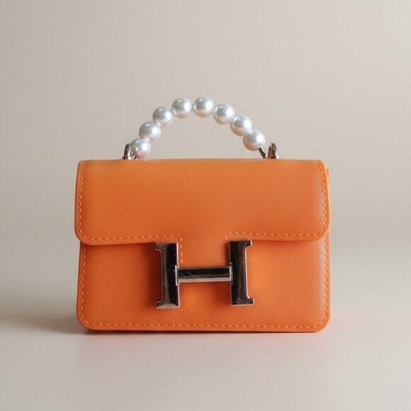 Unbranded Other - Girls Orange Mini Handbag Pearl Handle H Buckle Plastic Toy Purse